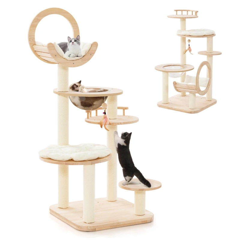 GYMAX Modern Cat Tree, Solid Wood Cat Tower with Capsule Nest, Scratching Posts & Padded Platform & Hanging Toy, Multi-level Cat Play Center for Kitten Play & Rest