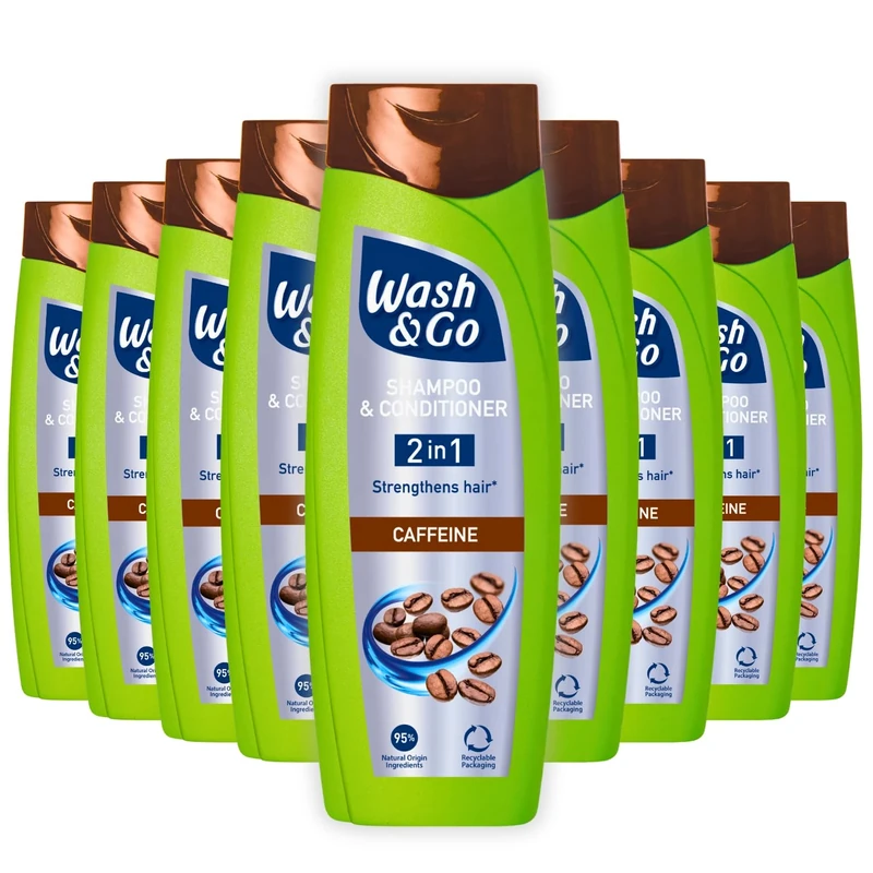 Wash & Go Caffeine 2 in 1 Shampoo & Conditioner, Men's Hair Shampoo, For All Hair Types, Bulk Pack x 9 bottles