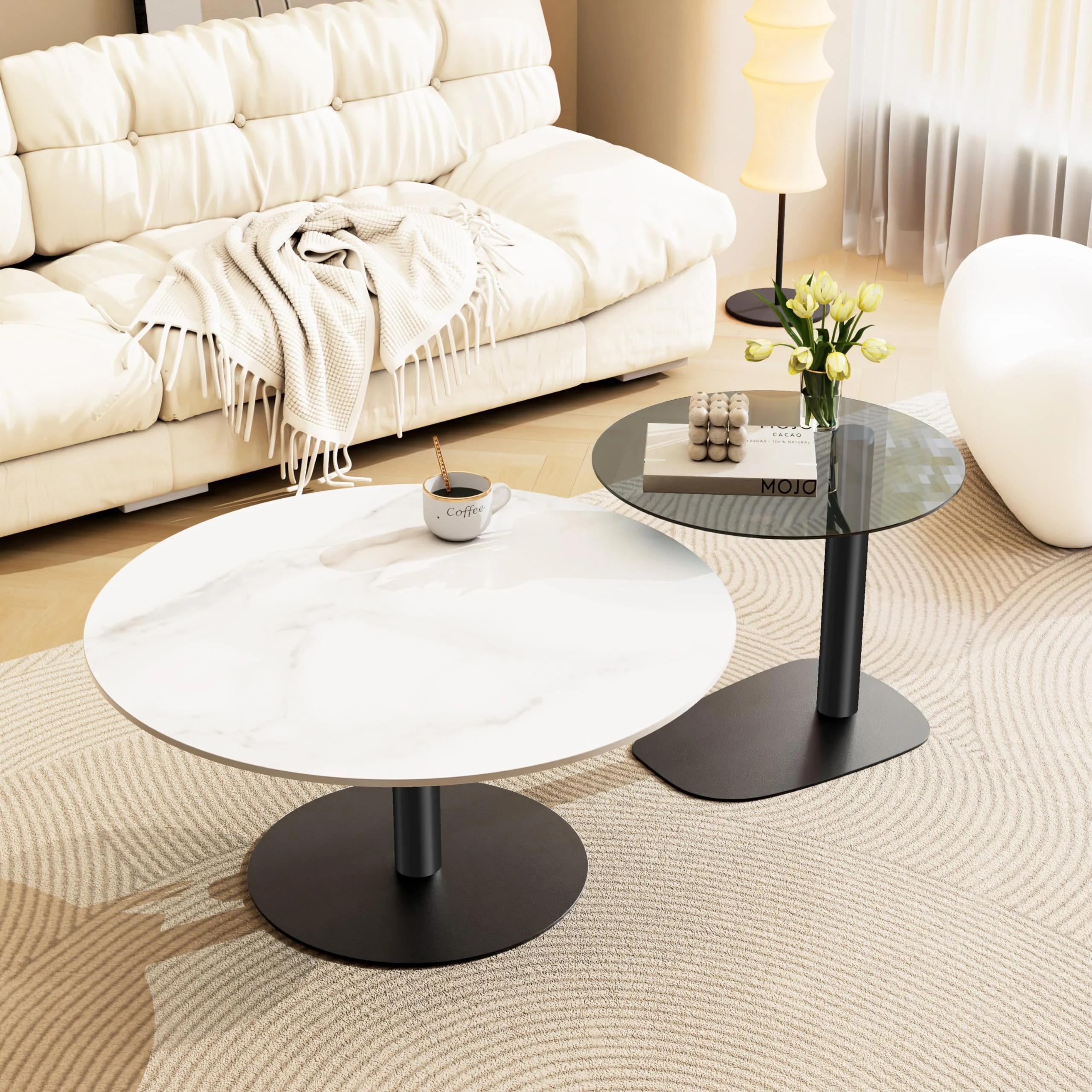 FATIVO Round Nest Coffee Table Marble: 2 Nesting Set Large 80cm and Small Tables 50cm Sintered Stone Marbles Tabletop Coffee Table Grey Tinted Glass End Table with Black Metal Base Nest Tables