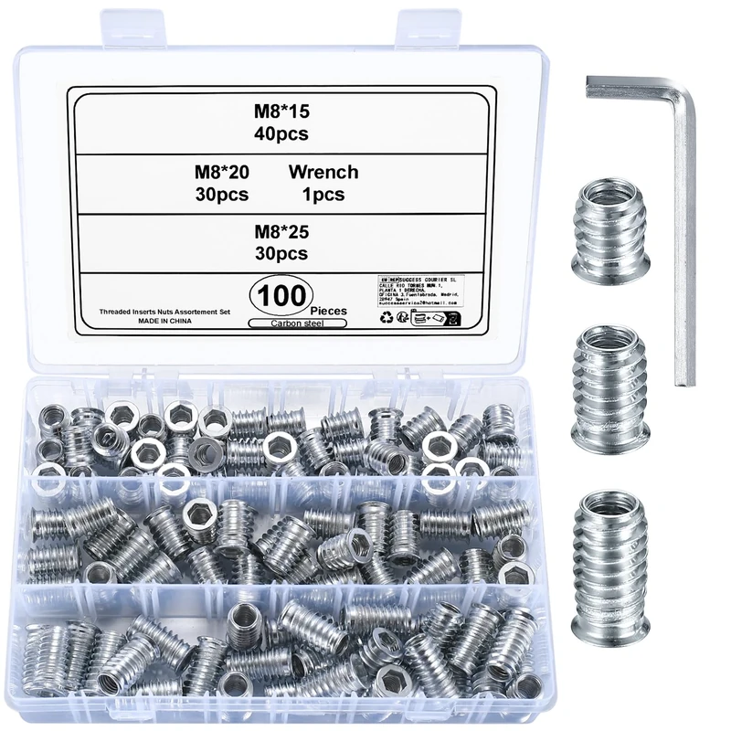 M8 Threaded Inserts for Wood, 100 Pcs - Flanged Hex Socket Nuts, Screw-in Fasteners for Furniture