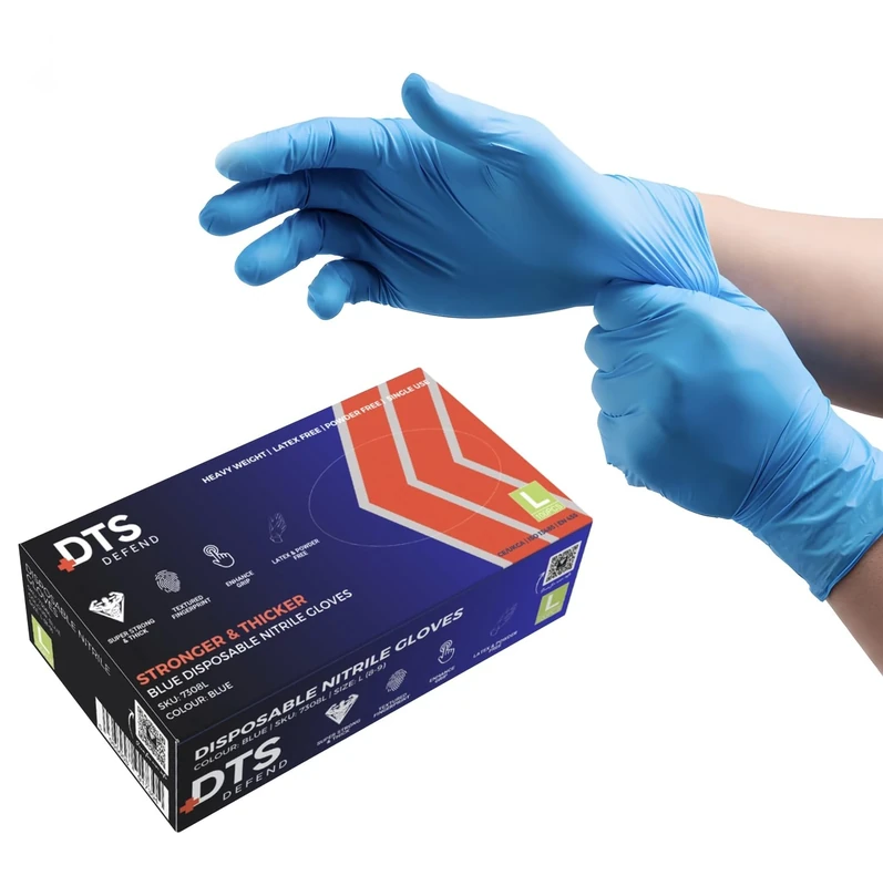 DTS Defend Nitrile Gloves - Disposable Gloves Box of 100 - Super Strong Heavy Duty Blue Gloves - PPE Gloves - Free from Latex Gloves (Extra Large)