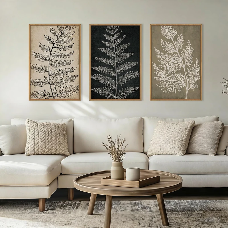 KAIRNE Vintage Botanical Fern Framed Canvas Wall Art Set, Retro Fern Leaf Wall Decor, Rustic Black Tan Art Prints, Modern Minimalist Leaves Artwork for Living Room,Bedroom,Farmhouse,Office-16 x24 x3