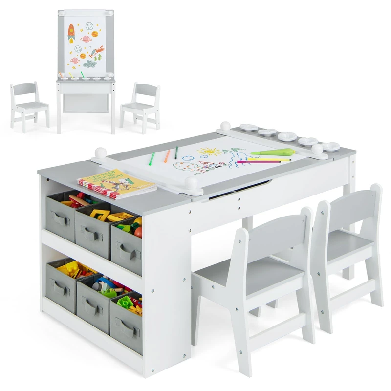 GYMAX 2 in 1 Kids Table and Chairs Set, Wooden Children Art Table with 2 Chairs, 6 Storage Boxes, Paper Roller & Shelves, Toddler Activity Table Set for Drawing (Grey, 5 Cups: 109 x 60 x 55cm)