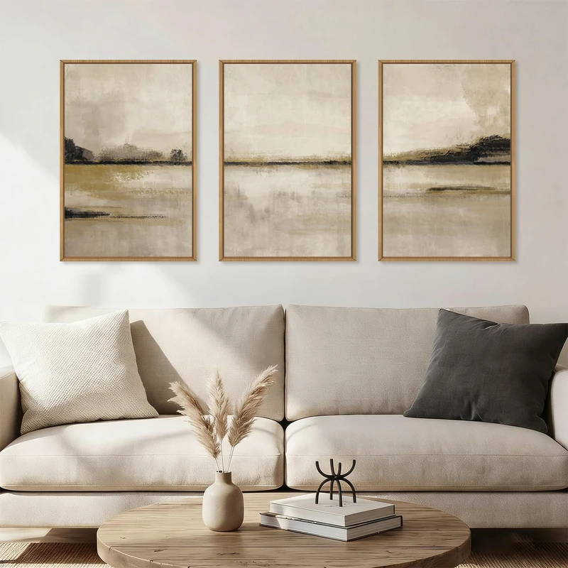 KAIRNE Neutral Abstrcat Landscape Framed Canvas Wall Art Set, Retro Mountain Lake Wall Decor, Vintage Tan Scenery Art Prints, Modern Nature Artwork for Living Room,Bedroom,Farmhouse,Office-16 x24 x3