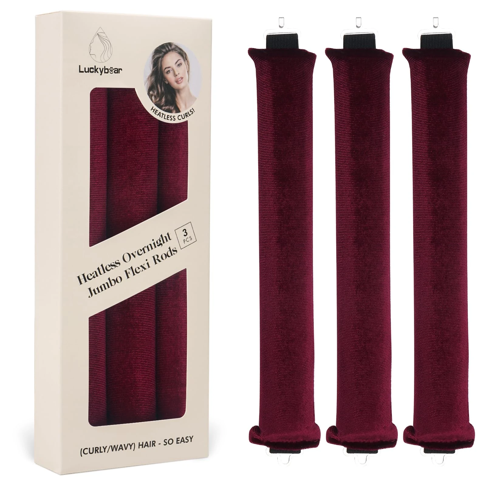 Luckybear Jumbo Heatless Hair Curler, 3pcs Soft Satin Flexi Rods for All Hair Types, No Heat Overnight Curls Styling Tools Wine