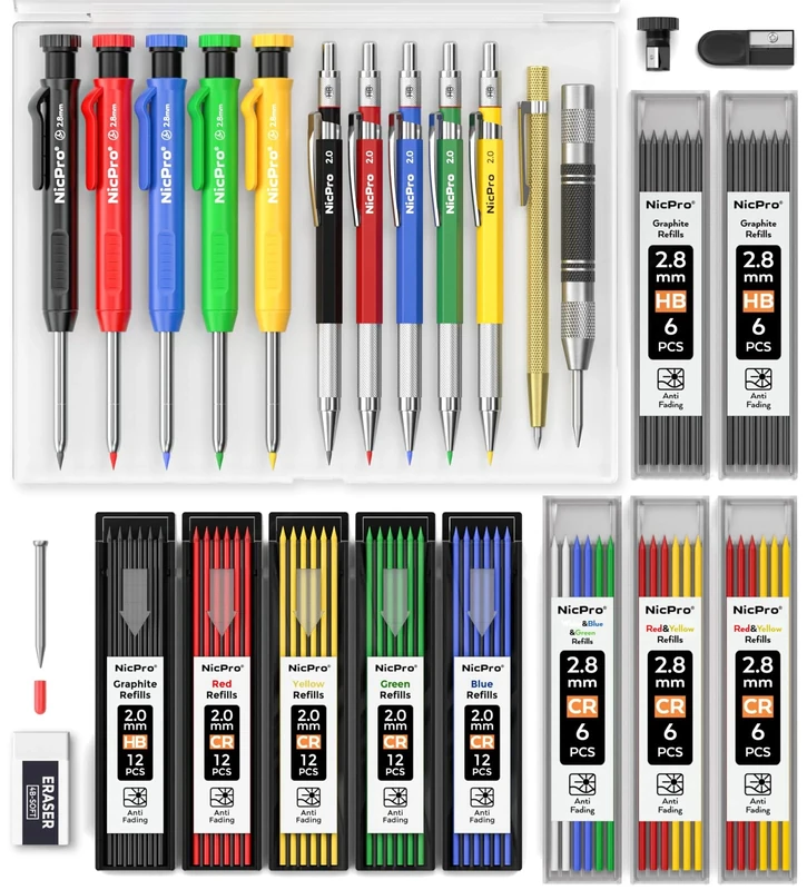 Nicpro 27-Pack Carpenter Pencil 100 Refills, Punch & Carbide Tip