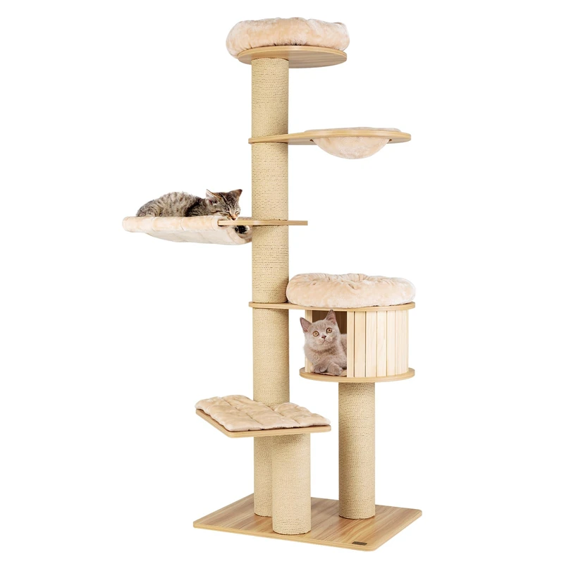 GYMAX Modern Cat Tree, 193cm Tall Cat Tower with Top Perch, Wooden Cat Condo, Scratching Posts, Hammocks & Hanging Basket, Multi-level Cat Play Center for Play & Rest