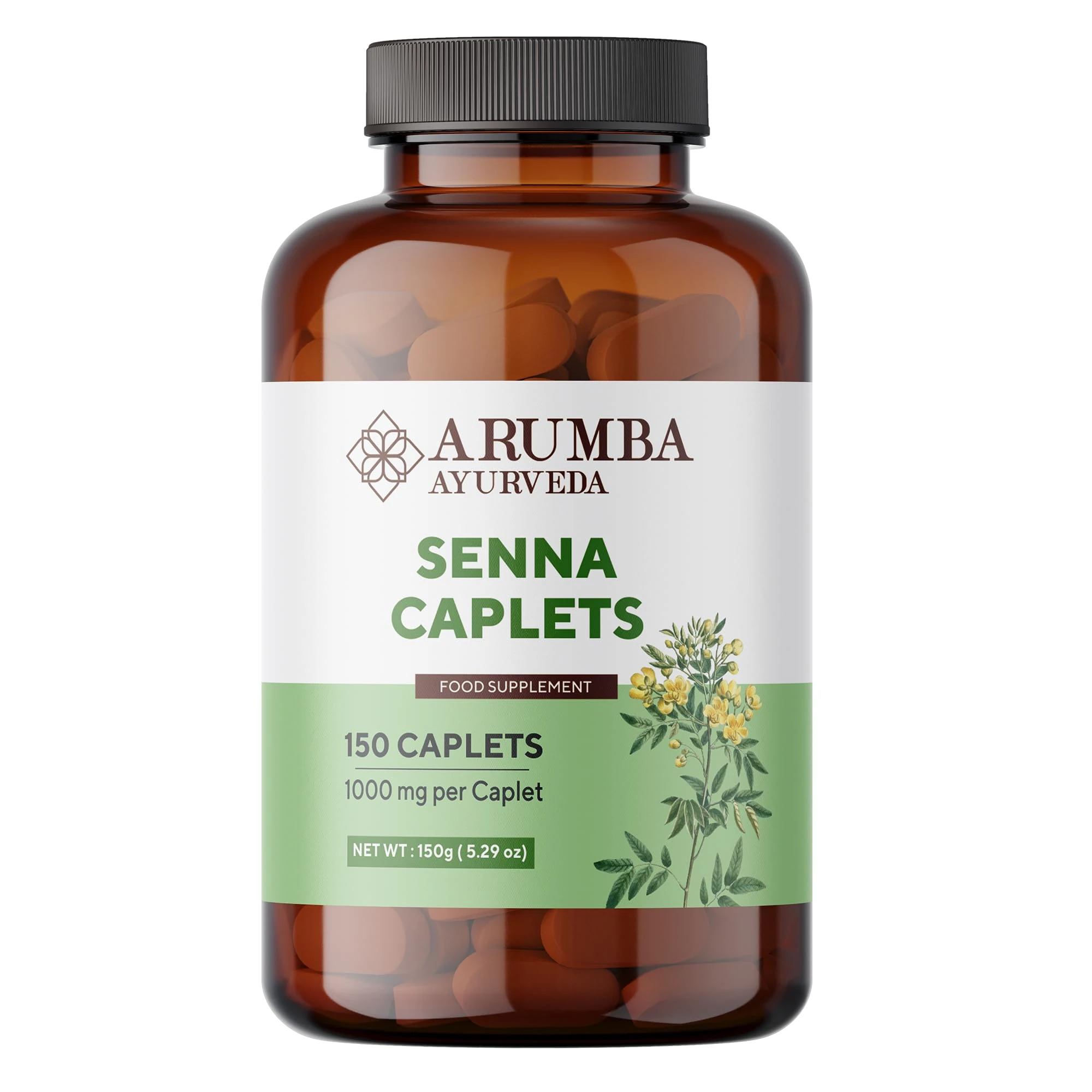 Arumba Ayurveda Senna Caplets 1000 mg, 150 nos, Cassia angustifolia Tablets, Made with Senna Leaf Powder
