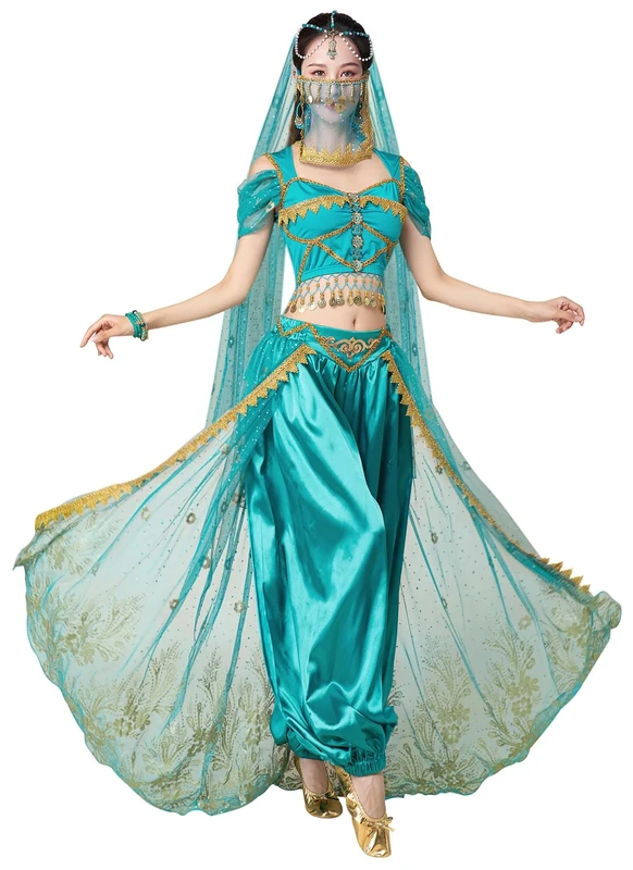 ELLYDOOR Arabian Jasmine Costume for Women Adult Princess Dress Up Halloween Belly Dance Top Pants 4 Piece Outfit Tag M, Blue