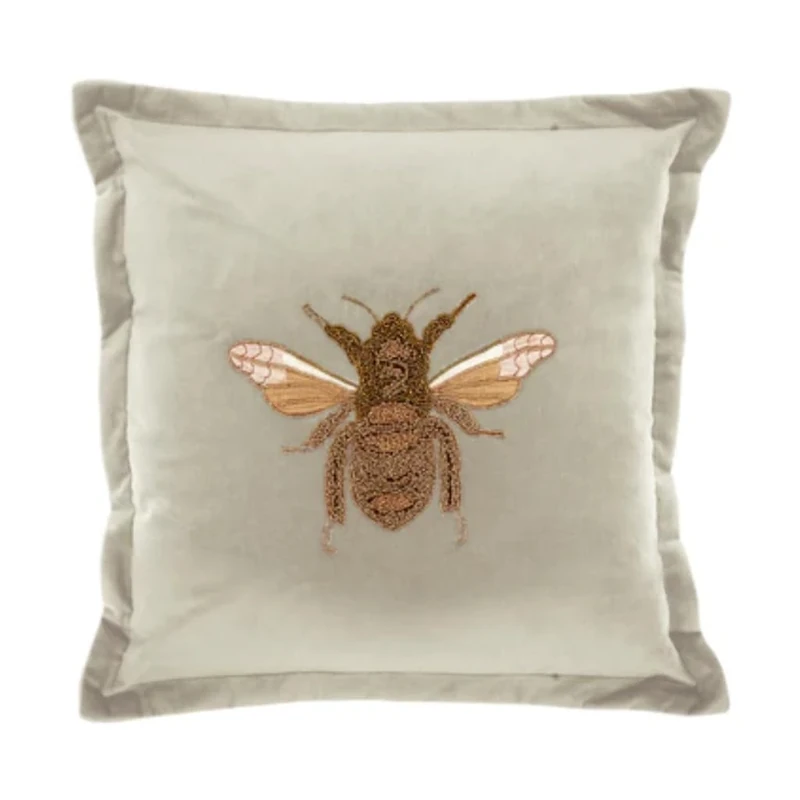 Voyage Maison Layla Feather Filled Cushion – Velvet Embroidered Bee Gold Oxford Edge Ikon Luxury Décor (Quartz - 50x50cm)