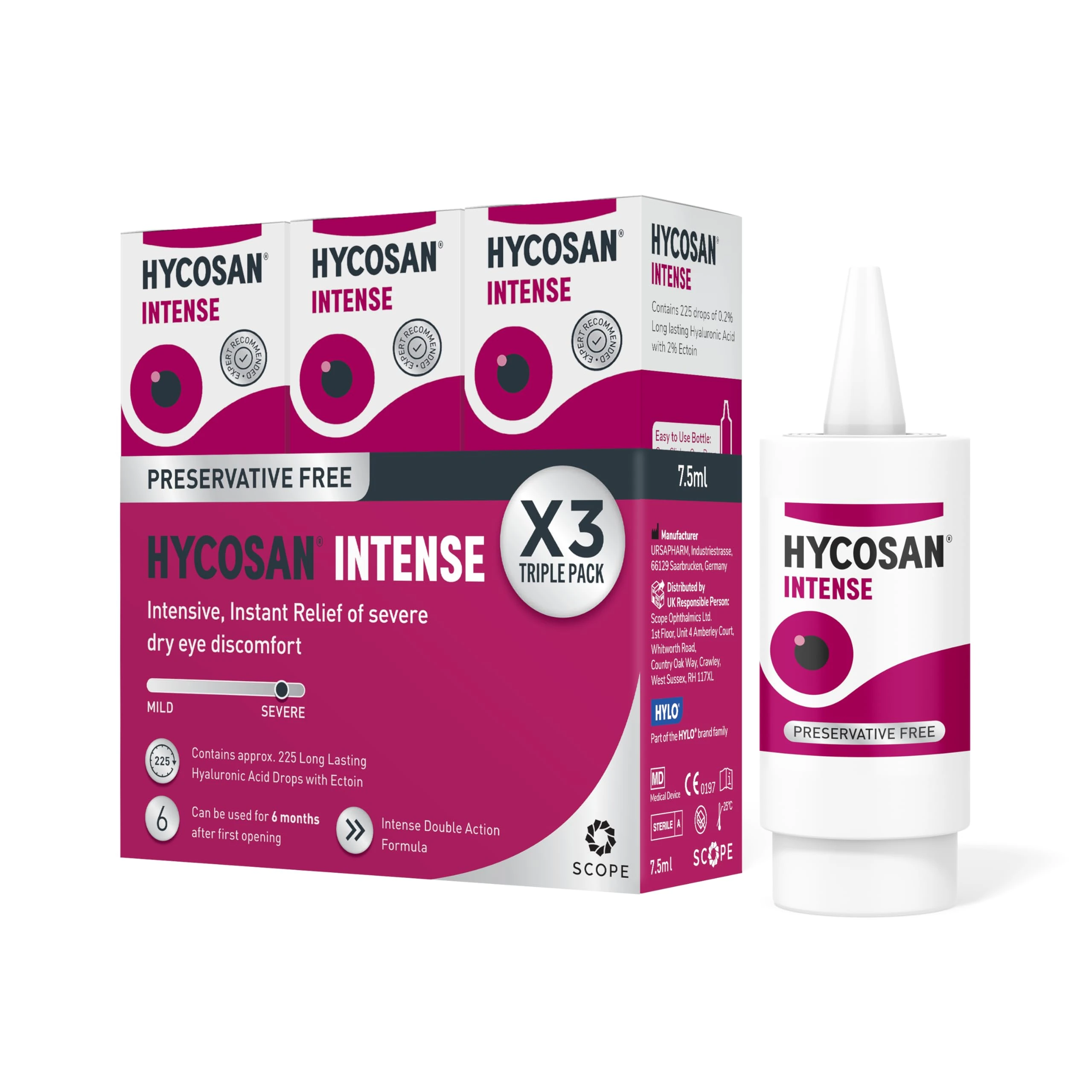 Hycosan Intense Triple Pack - Eye Drops for Long-Lasting Intensive Lubrication & Instant Relief for Itchy, Burning Sensations and Severe Dry Eyes - Preservative Free - 3x225 Measured Doses