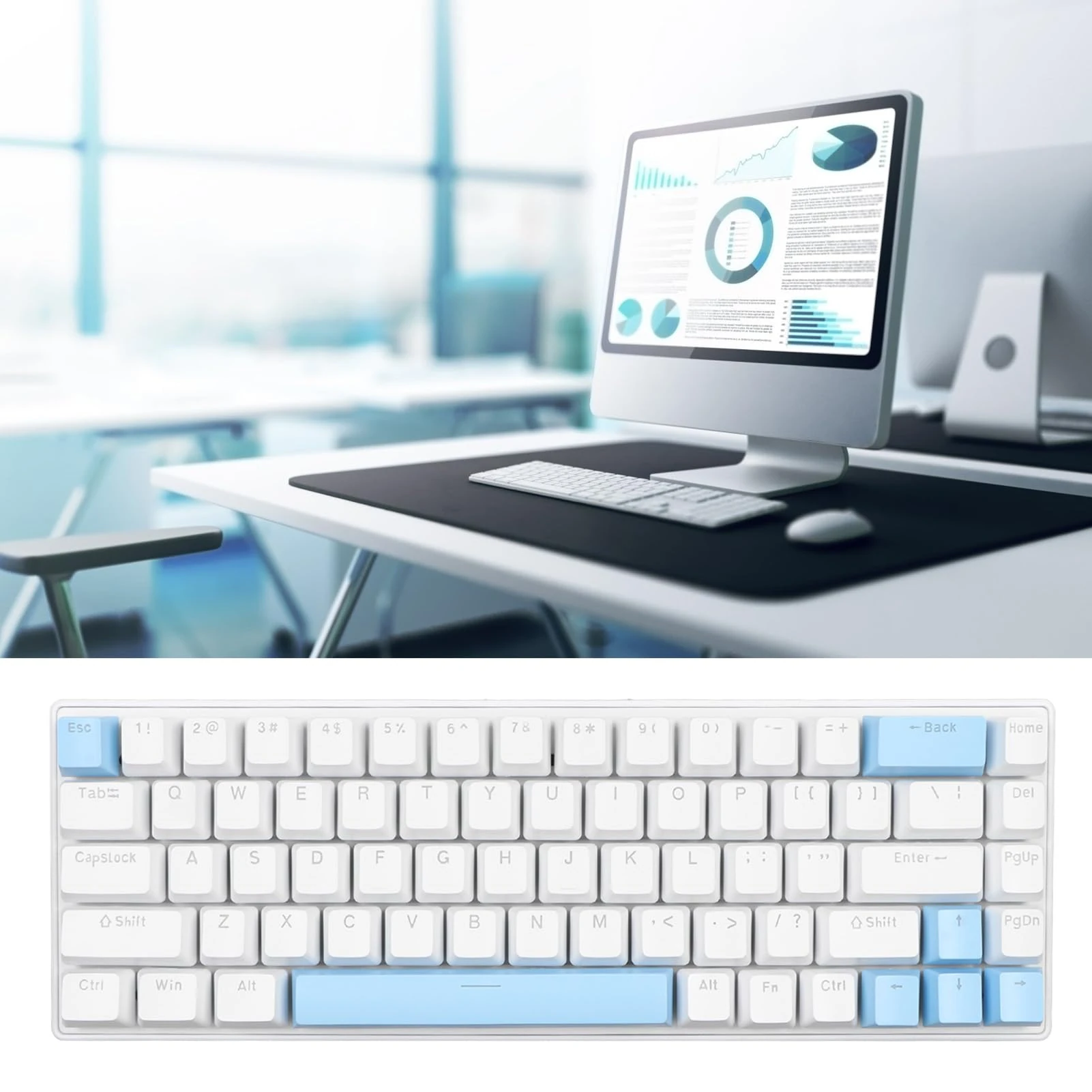 EIMSOAH 68 Keys Mechanical Keyboard, Gaming Keyboard RGB Backlight Compact Wired with Blue Switch for Windows ANDROID PC Laptop (White Blue)