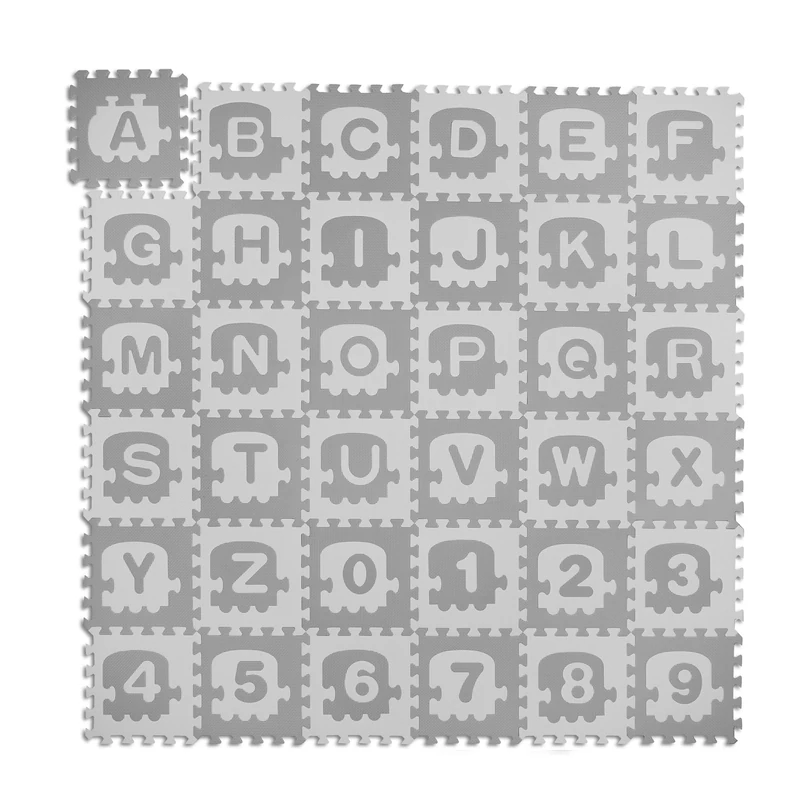 Relaxdays Puzzle Mat, ABC and Numbers, 71 Pieces, Playmat for Children, WXD: 179.5 x 179.5 cm, Soft EVA Foam, White/Grey, 1 x 179.5 x 179.5 cm