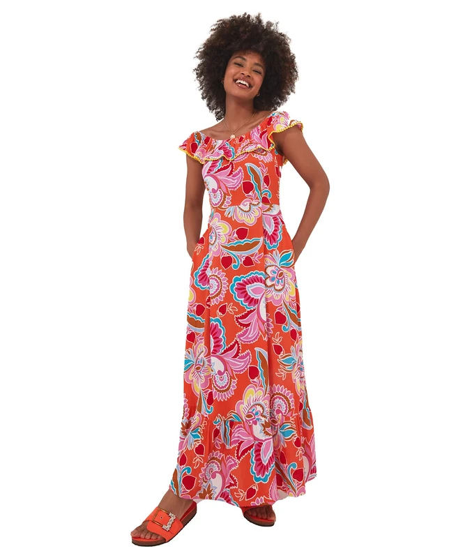 Joe Browns Women's Bright Floral Printed Frilly Bardot Dress Orange, 6