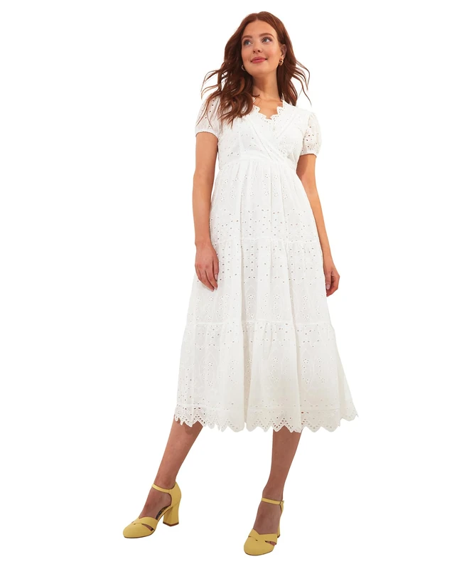 Joe Browns Women's Wrap Front Scalloped Edge Broderie Midi Dress, White, 6 - Image 1