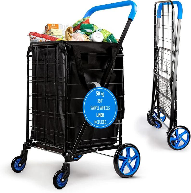 SereneLife Foldable Shopping Trolley Cart, 360° Swivel Wheels, 50Kg Capacity, 90 L Waterproof Bag, Heavy-Duty Steel Frame, Collapsible, Portable & Tool-Free Setup for Groceries, Laundry, Travel - Blue