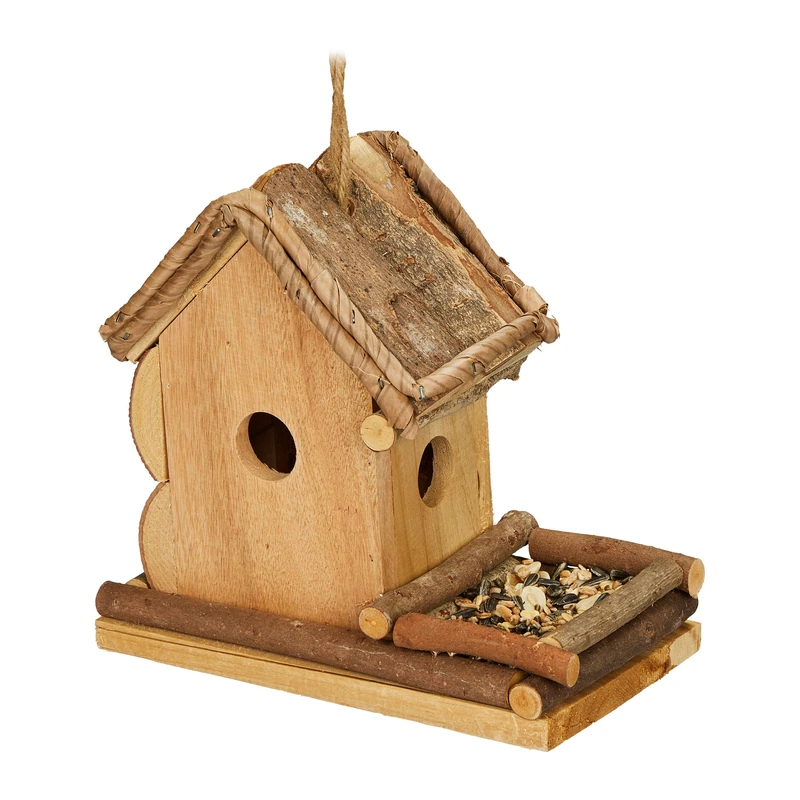 Relaxdays Decorative Birdhouse, Hanging Wooden Bird Feeder, HWD: 21 x 21 x 12.5 cm, Garden, Patio & Balcony, Natural, Wood