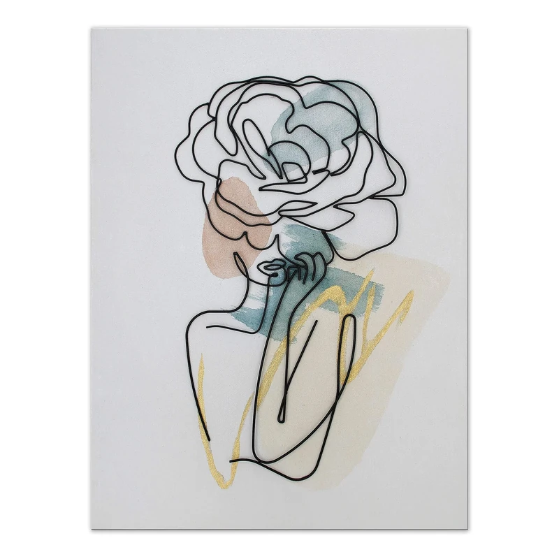 ADM - 'Rose flower woman' - Painting with wire drawing fixed on hand-decorated canvas - Multicolored - H100 cm - Image 1