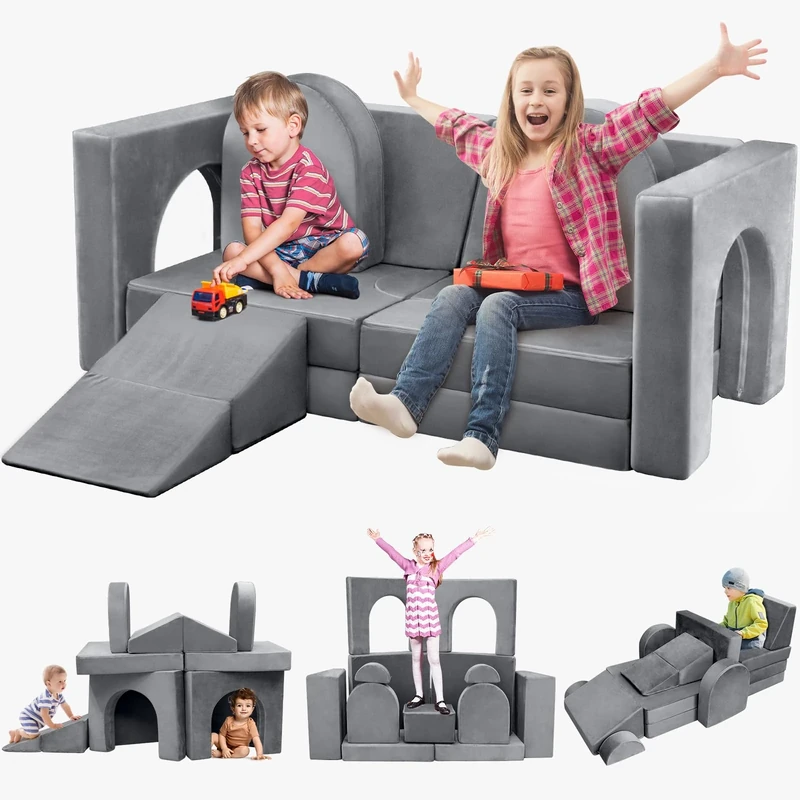 Aukdin 14PCS Modular Play Couch for Toddler Kids Playroom Bedroom, 500+ DIY Kids Couch Boost Creativing Playing Sleeping Reading for Boys Girls Teens (Grey) - Image 1