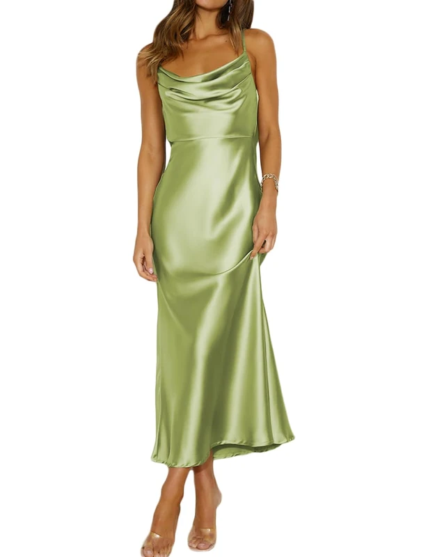 Mogidol Summer Satin Spaghetti Strap Cowl Neck Backless Midi Dresses for Women Elegant Tie Low Back Ruched Cocktail Dress, Light Green, S - Image 1