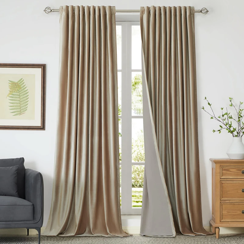 100% Full Blackout Champagne Beige Velvet Curtains - 120 inch Long for Living Room, Set of 2 Liner Rod Pocket Back Tab Thermal Window Curtains - Room Darkening Decorative Drapes