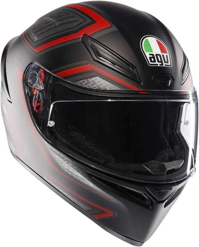 AGV - K1 S E2206, Full-face Motorbike Helmet, ECE, Racing Style with Spoiler, Air Intakes and Scratch Resistant Visor, 190° Field of View, with Intercom Ready, Sling Matt Black/Red, Unisex, XL