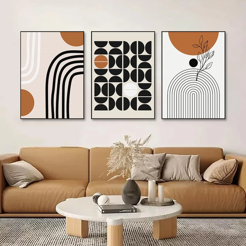 QKF Geometry Abstract Large Frame Canvas Wall Art Living Room Wall Decor Bohemian Black Brown Beige Line Modern Home Decorative Painting For living room Office Bedroom 3-piece Set 24 "X 32"