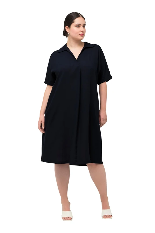Ulla Popken Women's Mini Dress, Oversized, Shirt Collar, V-Neck, Half Sleeve, Casual Dress with Collar, Blue, 20-22