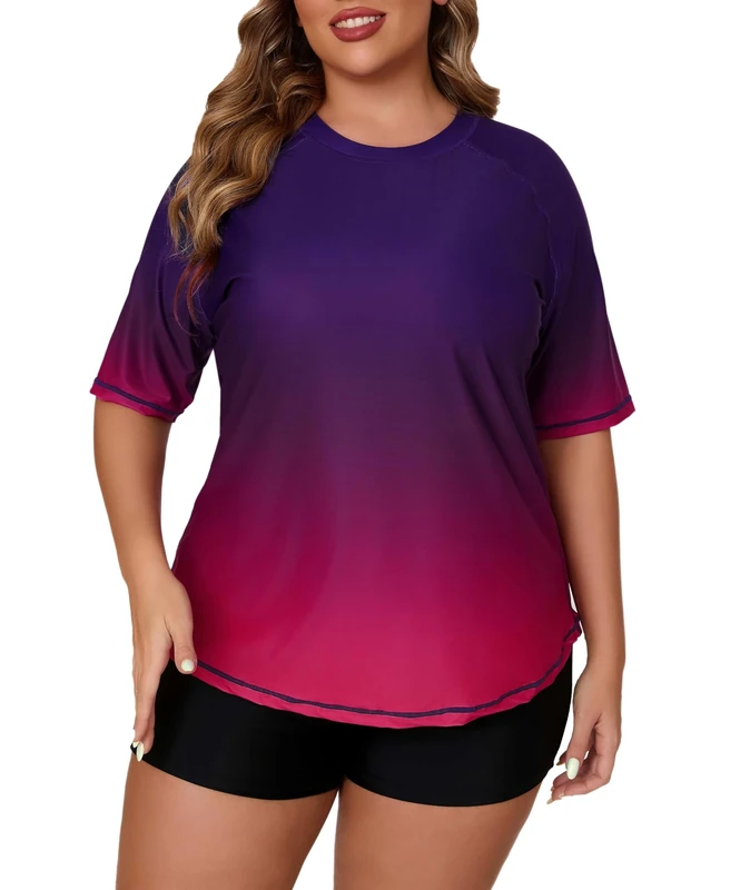 JOYBIK Women's Plus Size Short Sleeve Rash Guard with Built in Bra UPF50+ Swim Shirt and Shorts Two Piece Swimsuit, Ombre Purple, 1x