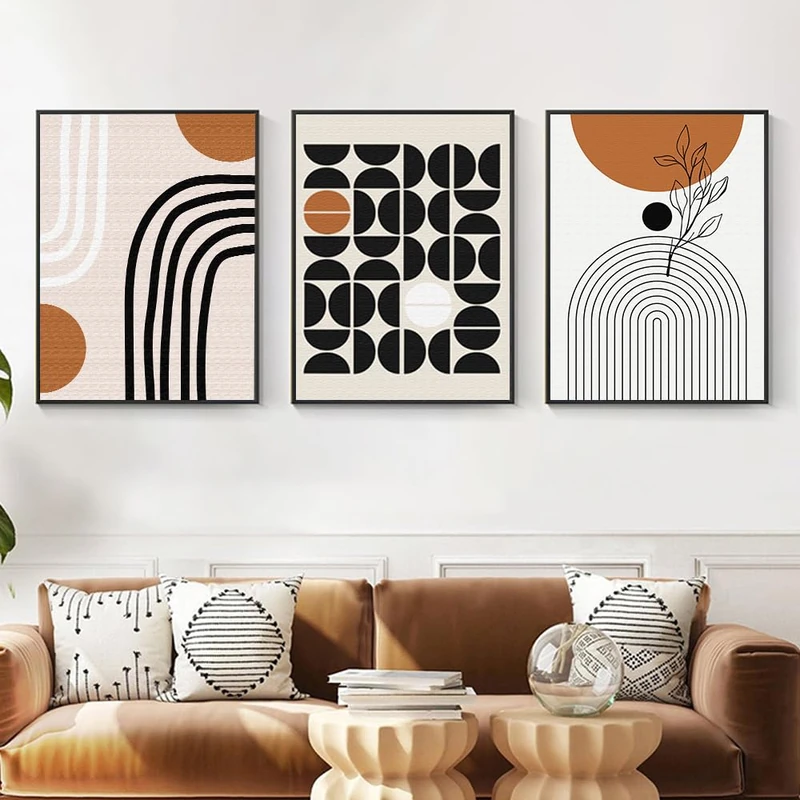 QKF 3Pcs Black Brown Boho Abstract Geometric Line Framed Canvas Wall Art