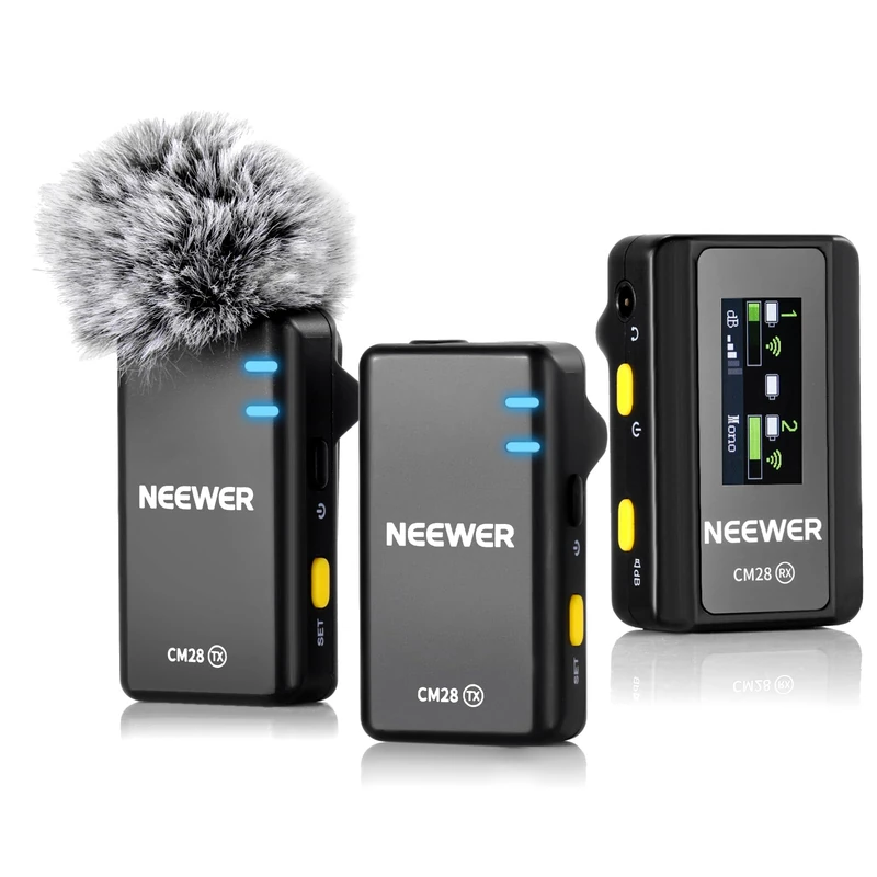 NEEWER CM28 Wireless Lavalier Microphone System, 1 Click Noise Canceling, 4GB Storage for 9Hrs of 48KHz 16 Bit Uncompressed Audio, Lapel Mic Compatible with iPhone/Android/PC/Camera/iPad