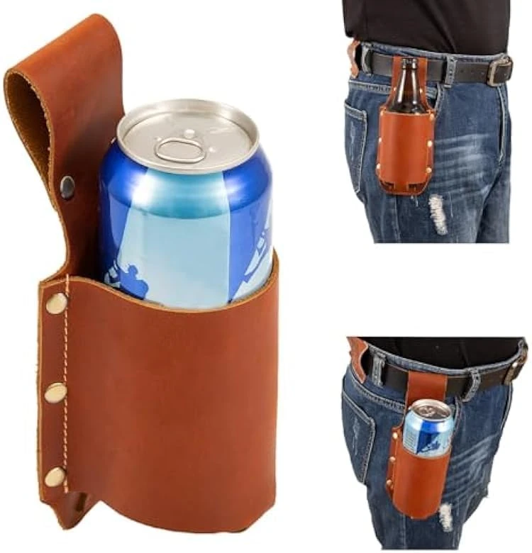 Crazy Horse Leather Beer Belt Holster,Portable Belt Bottle Holder,Grilling Camping Beer Gifts for Men Father’s Day Christmas Beer Drinkers/Lovers,Cowboy Accessories for Men - Image 1