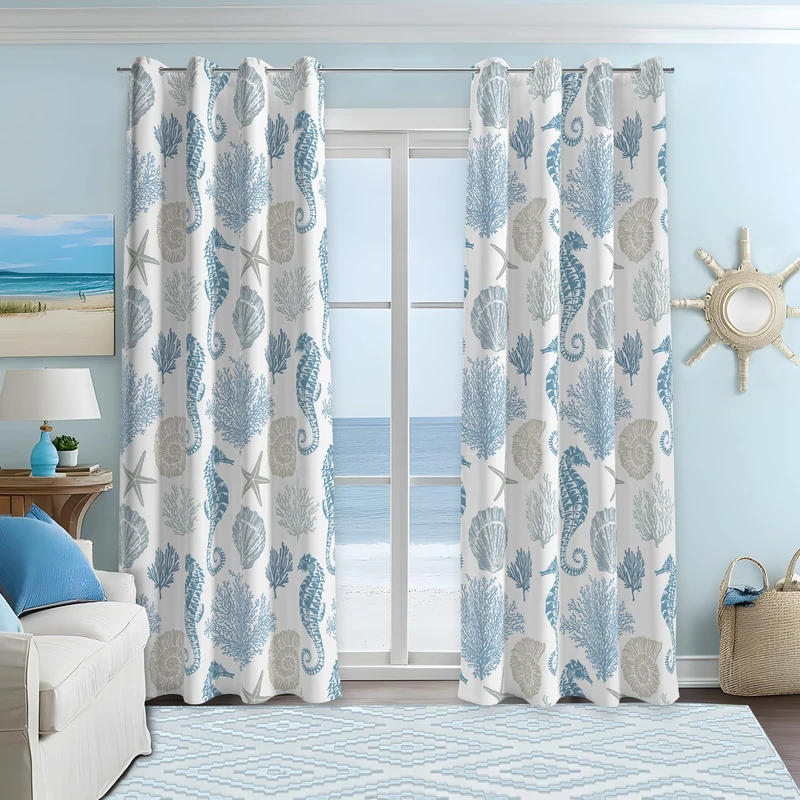weesire Nautical Coastal Curtains Decorative Beach Ocean Seahorse Coral 50% Light Blocking Sea Darkening Grommet Curtain for Villa Living Room, Bedroom Navy Blue and White 2 Panels Set, 52x84 Inches
