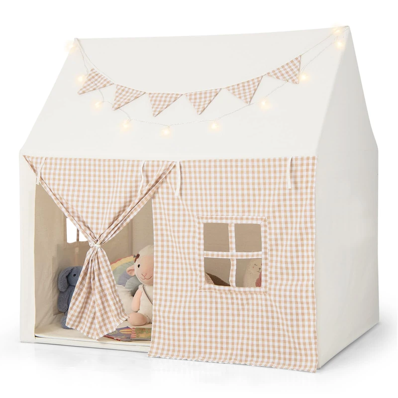 GYMAX Kids Tent, Large Play Tent with Padded Mat, Star Lights, Flags, Windows & Storage Pockets, Outdoor Indoor Children Playhouse Gift for 3-8 Years Old Boys Girls (Beige) - Image 1