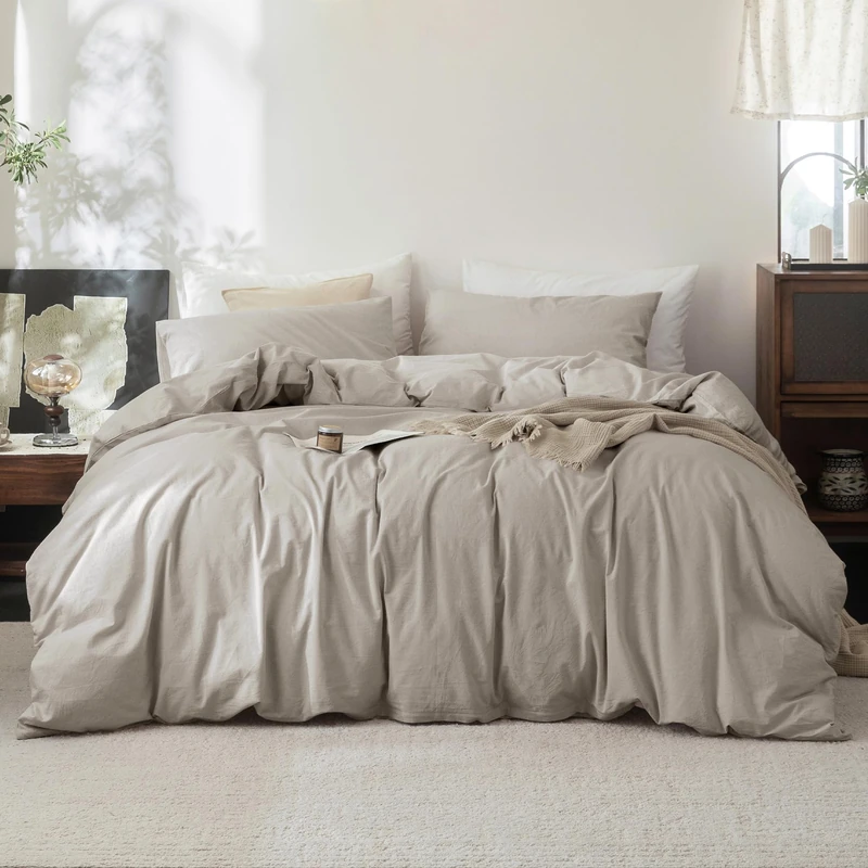 FOSSA Duvet Cover Set 100% Washed Cotton Linen Feel Queen