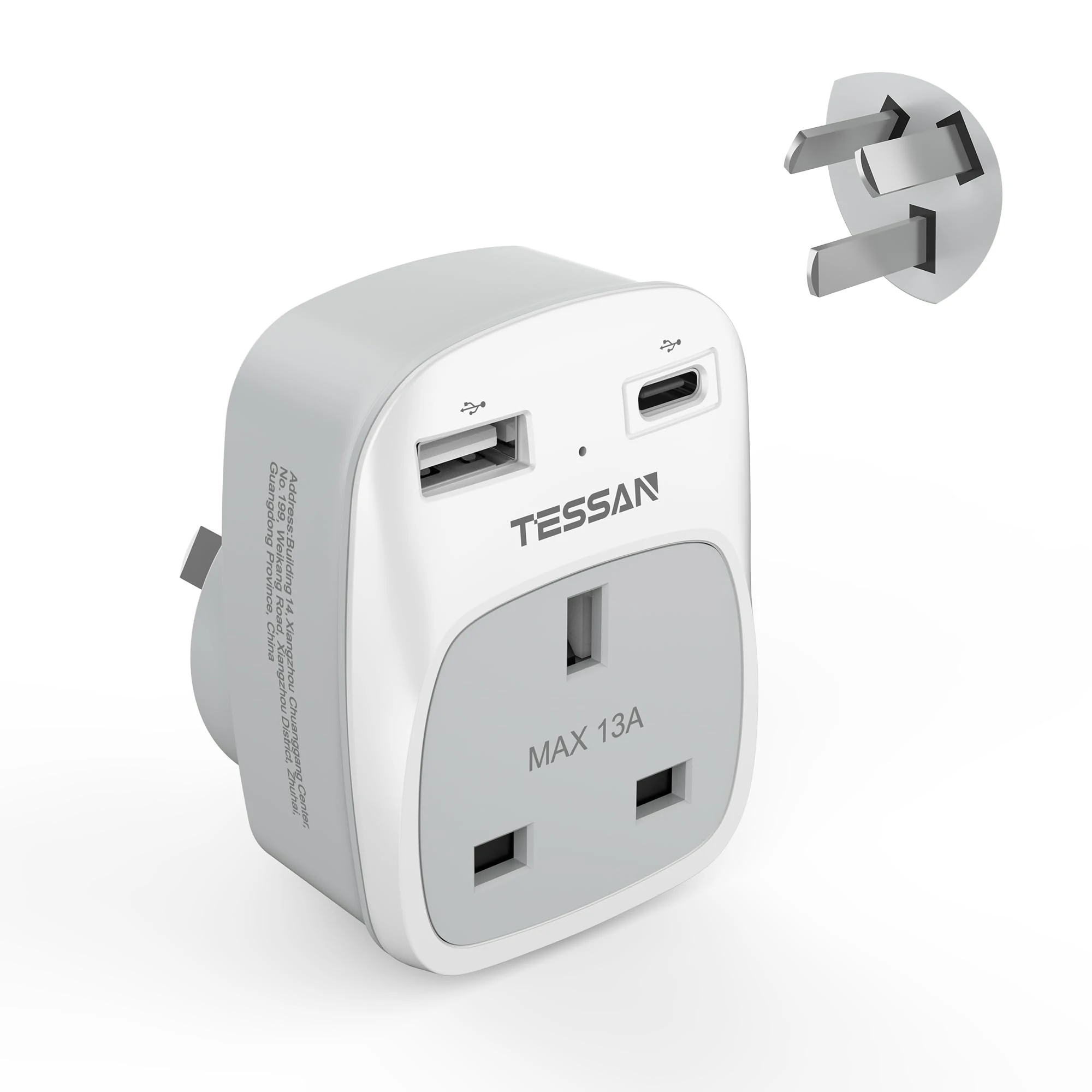 UK to Australia Power plug Adapter, TESSAN Grounded Type I Plug Adapter with 2 USB Ports (1 USB C), 3 in 1 Travel Outlet for UK to China AU AUS Australian New Zealand Fiji Argentina and more