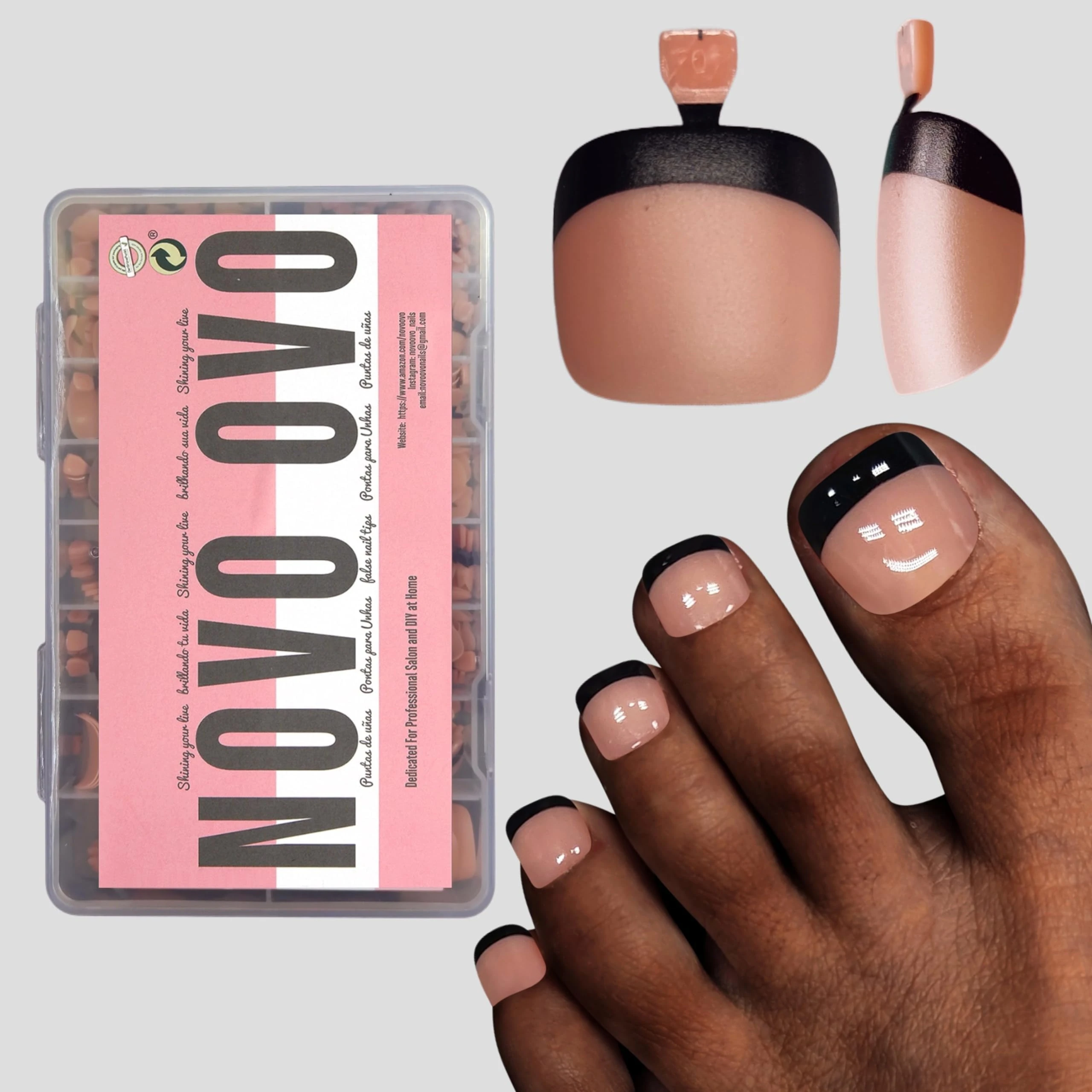 NOVO OVO Halloween Black French Tip Toe Nail Tips Press on, Soft Gel Toenail Extension, ORANGE PINK Square Round Pre-applied Tip Primer & Base Coat, Full Cover Matte Nails for DIY x 15 Sizes 360Pcs