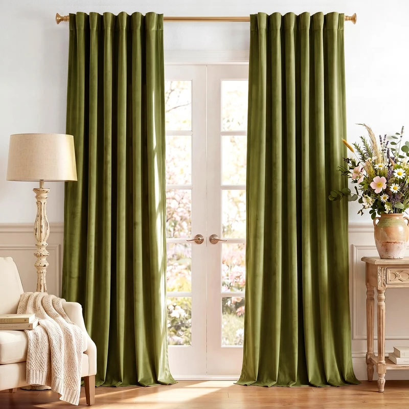 StangH Olive Green Velvet Curtains 120 inches Long Luxury Back Tab High Ceiling Window Drapes Room Darkening Privacy Protect for Living Dining Room, W52 x L120, 2 Panels