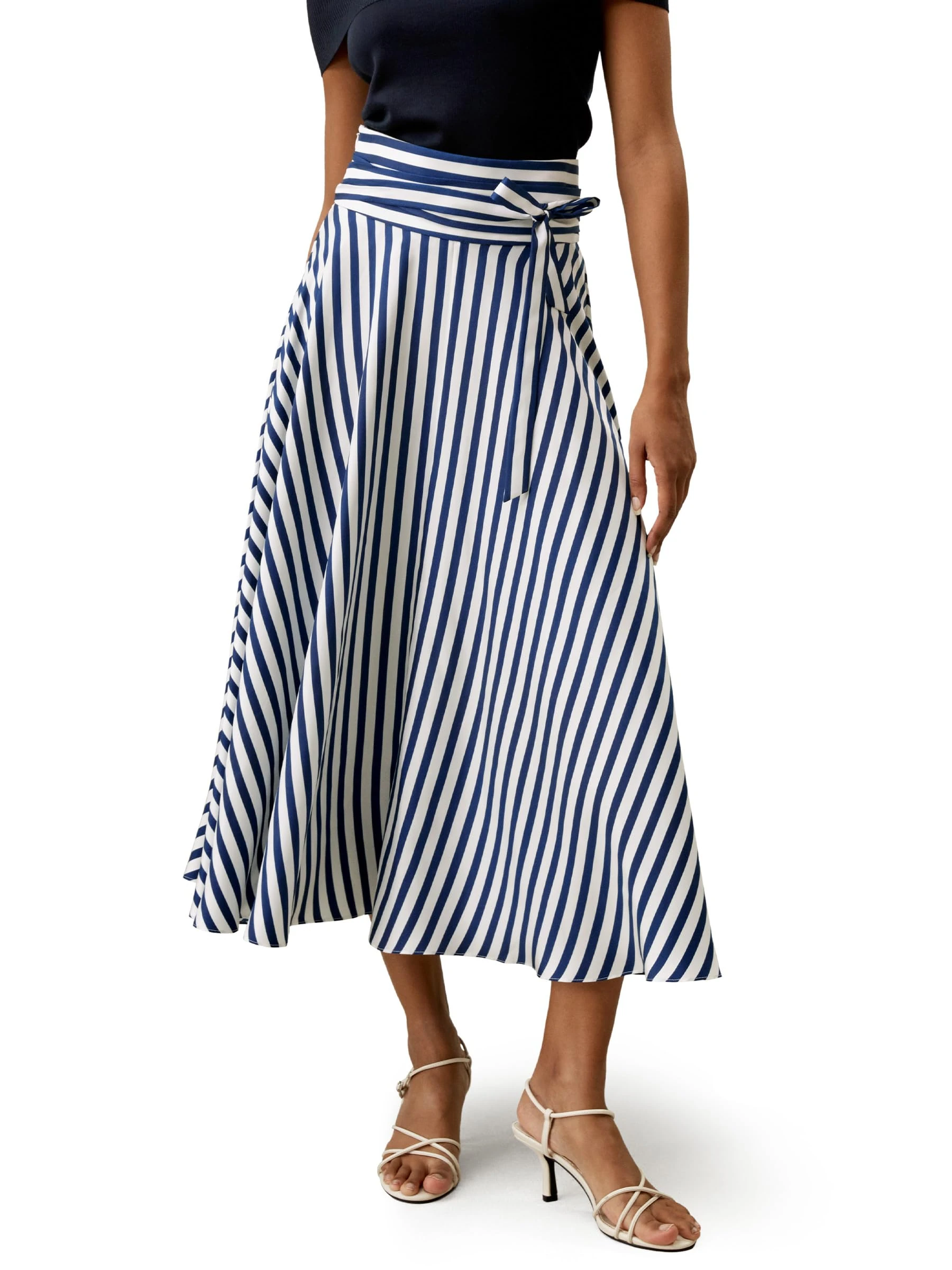 LilySilk Silk Striped Skirt for Women Maxi Midi Length Side Zipper Up Waist Self-Tie Dress for Ladies Pinstripe A Line UK4, Blue-White-Pinstripes