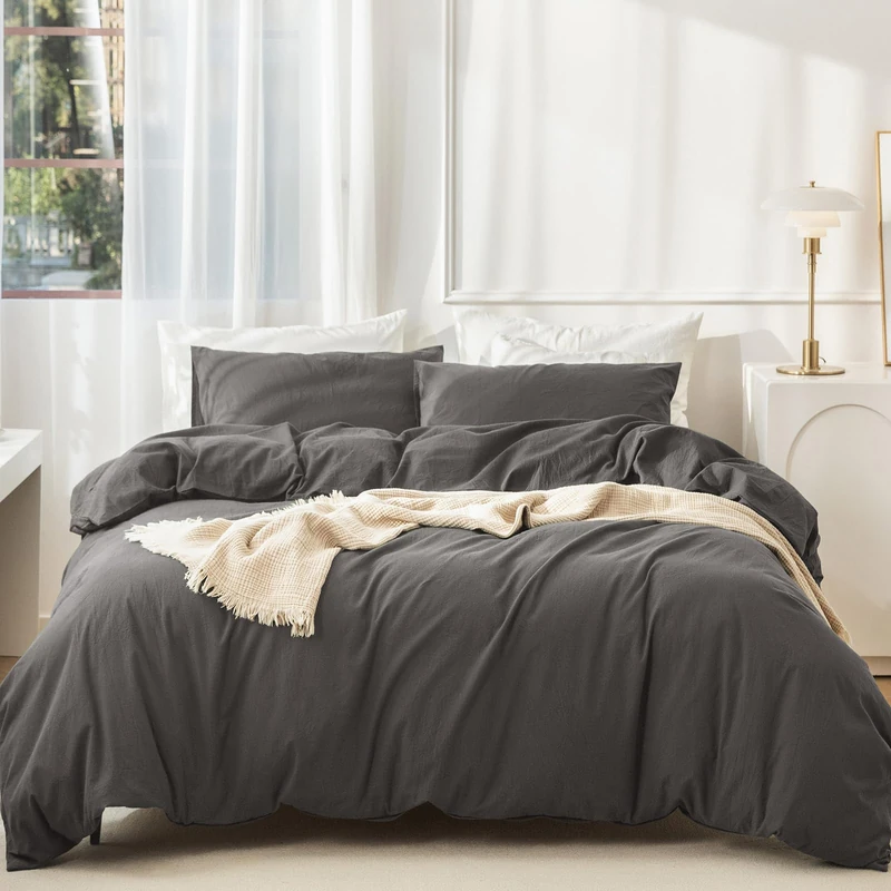 JIYUAN King Washed Cotton Duvet Cover Set, 3-Piece, Relaxed Linen Feel