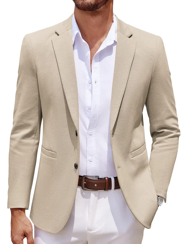 Coofandy Men's Casual Knit Blazer Two Button Lightweight Sport Coats Suit Jacket, Light Khaki, XXL - Image 1