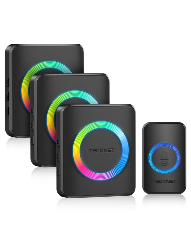 TECKNET Wireless Doorbell 3 Receivers, Door Chime Kit with RGB Light, 400 M/1300 ft Wireless Range, IP65 Waterproof Door bell, 60 Chimes & 5 Level Volume Plug in Receiver for Home, School,Office,Black