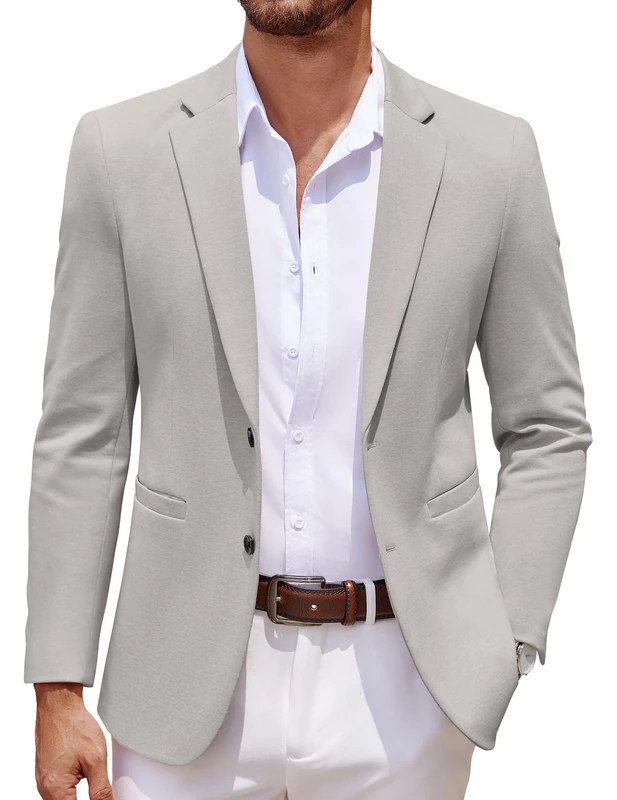 Coofandy Men's Casual Knit Blazer Two Button Lightweight Sport Coats Suit Jacket, Light Grey, L