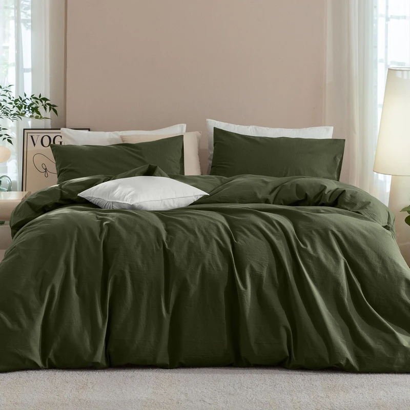JIYUAN Super King Duvet Cover Set, 3-Piece - 100% Washed Cotton, Linen-Like Soft & Breathable with Zipper Closure, Includes 108x98 Inch Cover & 2 Pillowcases, Solid Olive Green