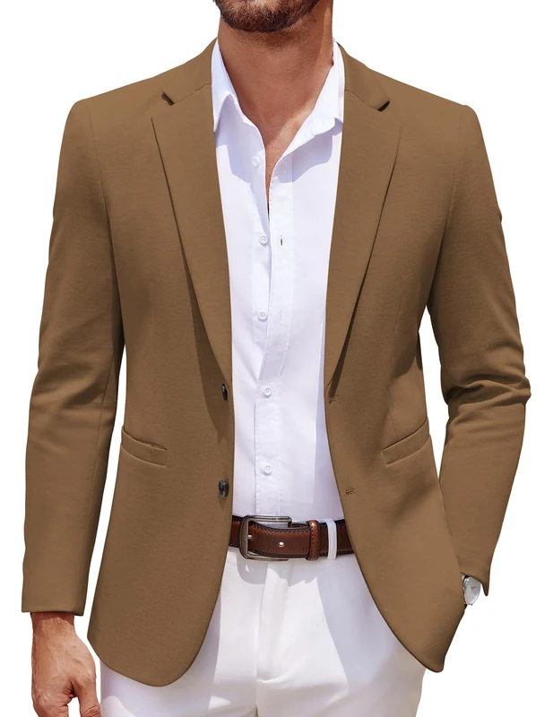 Coofandy Men's Casual Knit Blazer Two Button Lightweight Sport Coats Suit Jacket, Brown, L