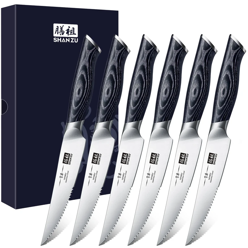 SHAN ZU 6 PCS Steak Knife Set, 4.5 Inch High Carbon Japanese Super Steel Steak Knives Set, Ultra Sharp Kitchen Steak Knife with K133 Ergonomic Handle- Genbu Series