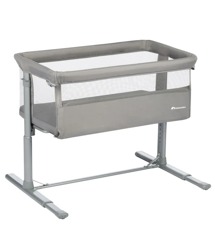 Bebeconfort Zina Co-Sleeper Crib & Baby Cot From Birth up to 6 Months (0-9kg), Foldable Bedside Crib, 5 Adjustable Height Positions, Reclinable Cot Mattress, Easy to Install, Mineral Grey
