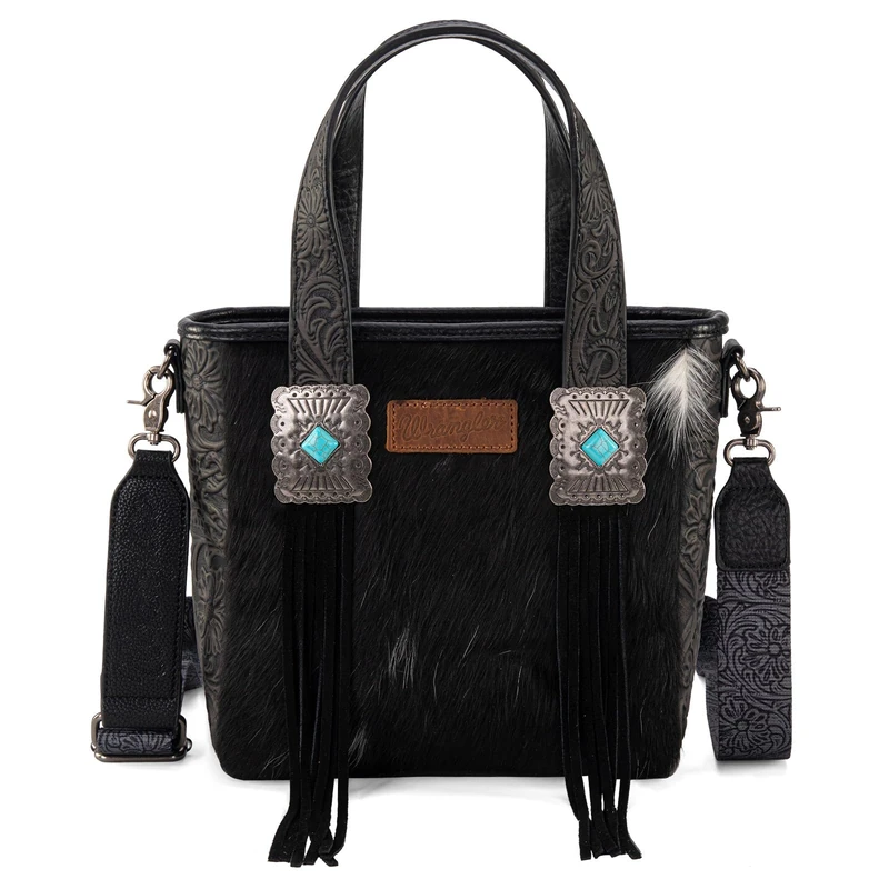 Wrangler Cowhide Tote Bag for Women Western Tooling Handbag Leather Fringing Handbag with Turquoise Stone Concho, Black, L