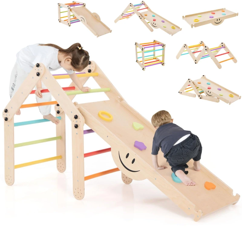 GYMAX 10 in 1 Kids Climbing Set, Foldable Wooden Toddler Climber with Reversible Ramp, Indoor Children Climbing Frame for 3 Years Old + Boys Girls (Colorful)