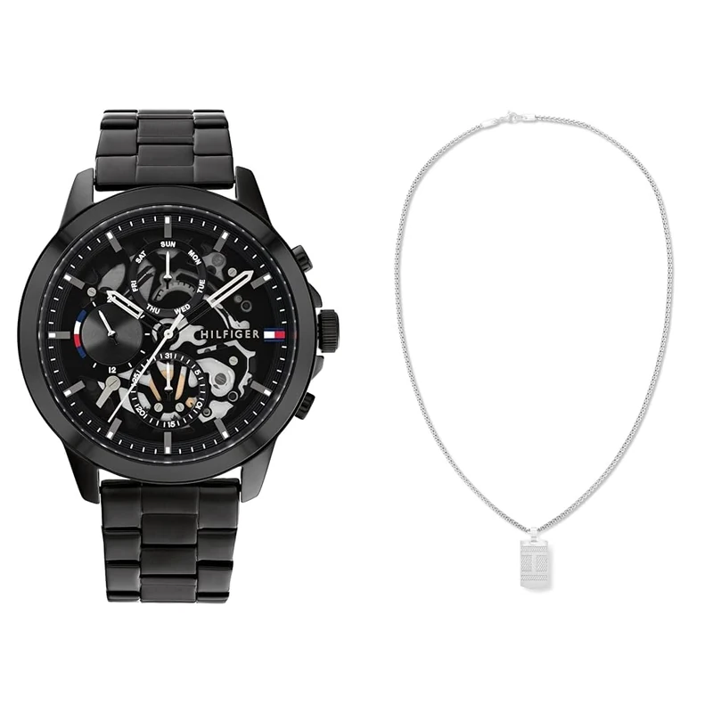 Tommy Hilfiger Analogue Multifunction Quartz Watch for Men with Black Stainless Steel Bracelet - 1710478 Jewelry Men's Stainless Steel Pendant Necklace - 2790316
